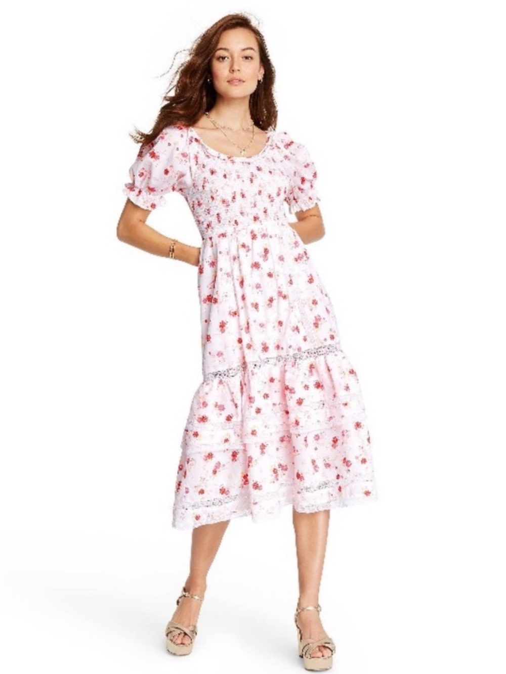 LoveShackFancy x Target Red and White Floral Puff-Sleeve Midi Dress Size L